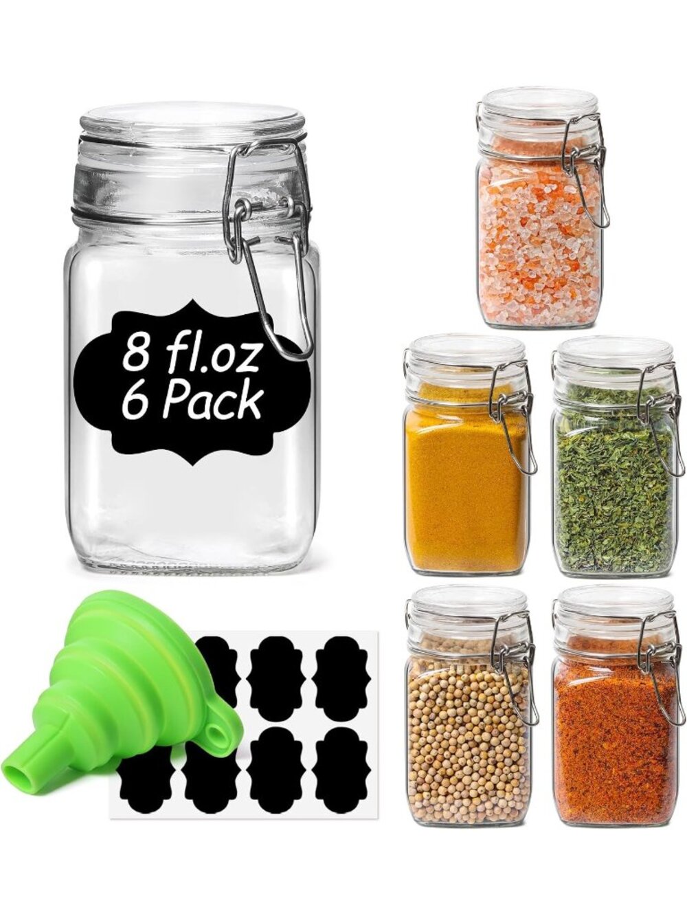 New Square Small 8 oz Glass Spice Jars with Airtight Lids 6 Pack Pantry